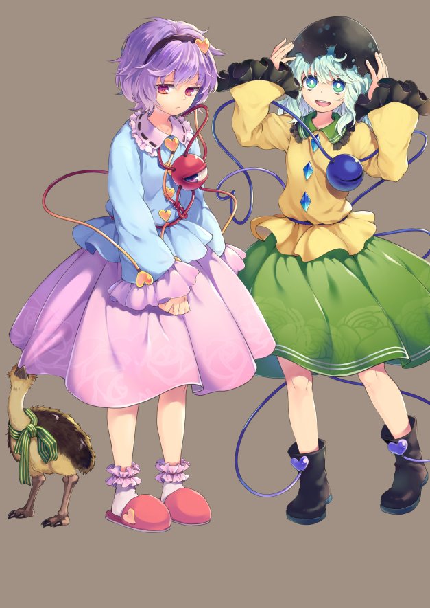 2girls animal ankle_garter bird black_boots boots brown_background closed_mouth eggshell_hat eyeball floral_print frilled_shirt_collar frilled_sleeves frills green_eyes green_hair green_skirt hairband hat hat_ribbon heart heart_of_string komeiji_koishi komeiji_satori long_sleeves looking_at_viewer multiple_girls open_mouth ostrich pink_eyes pink_hair pink_skirt ribbon ribbon-trimmed_collar ribbon_trim shirt short_hair siblings simple_background sisters skirt slippers standing string third_eye tomobe_kinuko touhou wide_sleeves yellow_shirt