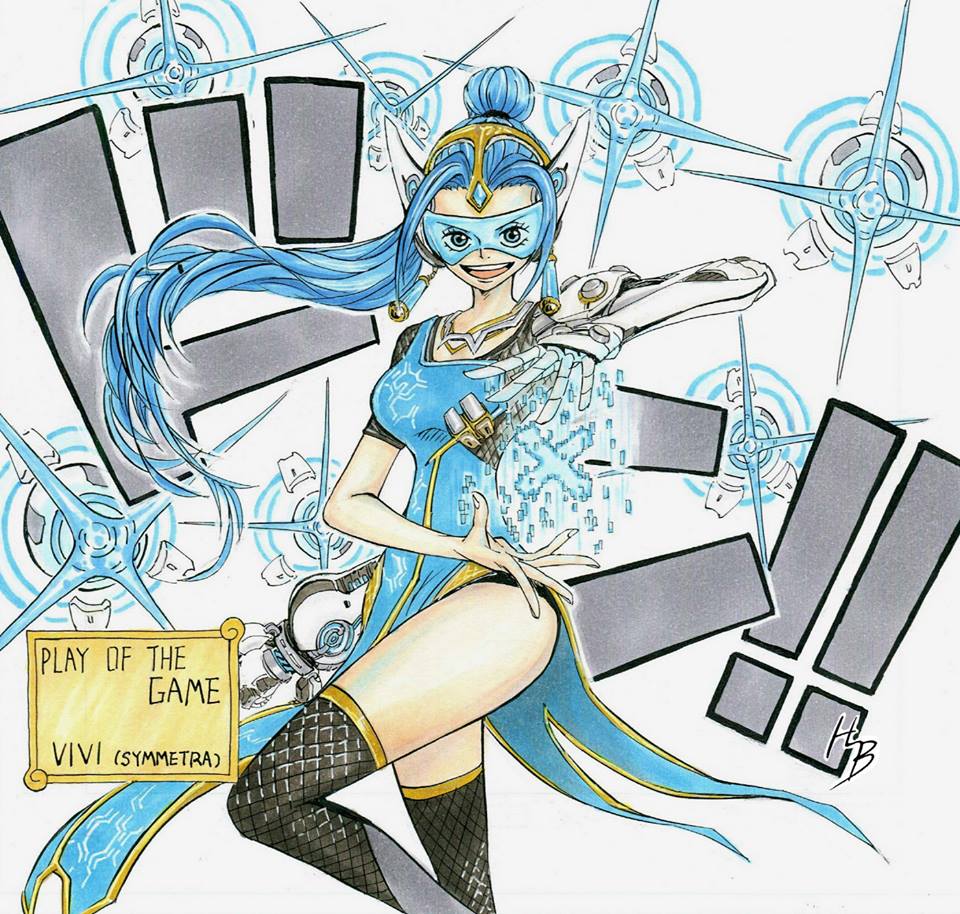 1girl blue_hair cosplay han_seok-bum mechanical_arm nefertari_vivi official_style one_piece overwatch prosthesis solo symmetra_(overwatch) symmetra_(overwatch)_(cosplay) visor