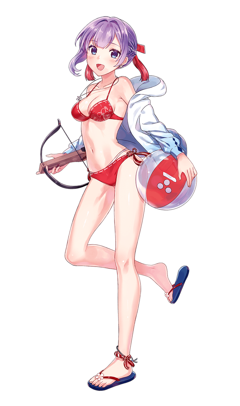 1girl anklet ball beachball bikini blue_eyes blush bow_(weapon) braid breasts cleavage collarbone crossbow earrings french_braid full_body highres holding_ball holding_bow_(weapon) jewelry leg_up legs long_sleeves miyao_jou multicolored_hair navel necklace off_shoulder official_art open_mouth purple_hair red_bikini sandals shirohime_quest smile solo sweatshirt swimsuit transparent_background weapon