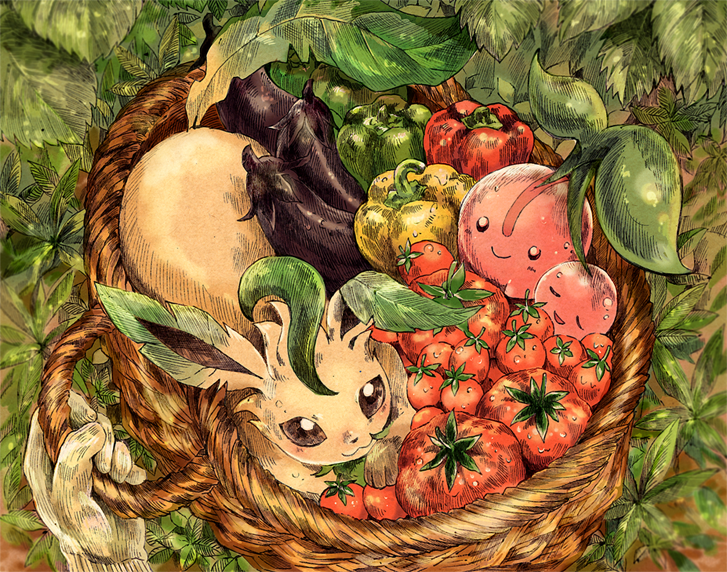 :3 :d basket brown_eyes cherubi closed_eyes closed_mouth eggplant from_above gloves green_pepper leaf leafeon lying matsuri_(matsuike) on_stomach open_mouth out_of_frame plant pokemon pokemon_(creature) pov pov_hands red_pepper smile tomato white_gloves yellow_pepper