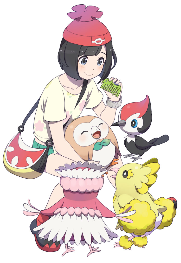 1girl bag beanie bird black_eyes black_hair blush comb female_protagonist_(pokemon_sm) hat mattaku_mousuke oricorio pikipek pokemon pokemon_(game) pokemon_sm rowlet short_hair shoulder_bag smile z-ring