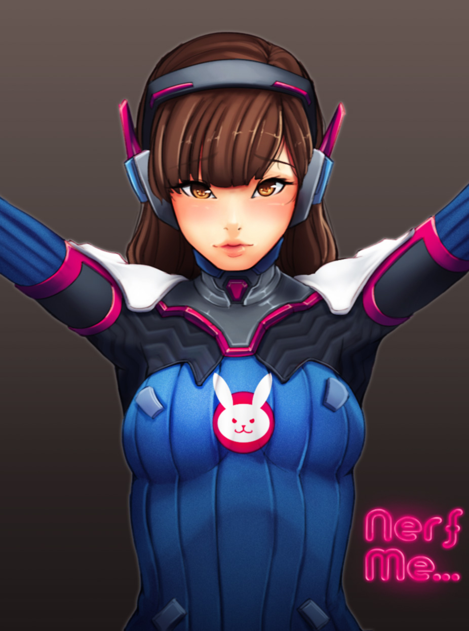1girl animal_print arms_up bangs blush bodysuit breasts brown_background brown_eyes brown_hair bunny_print d.va_(overwatch) ehon-metal english eyebrows_visible_through_hair facepaint facial_mark gradient gradient_background headphones high_collar highres lips long_hair looking_at_viewer medium_breasts outstretched_arms overwatch pilot_suit ribbed_bodysuit shoulder_pads skin_tight solo swept_bangs upper_body whisker_markings