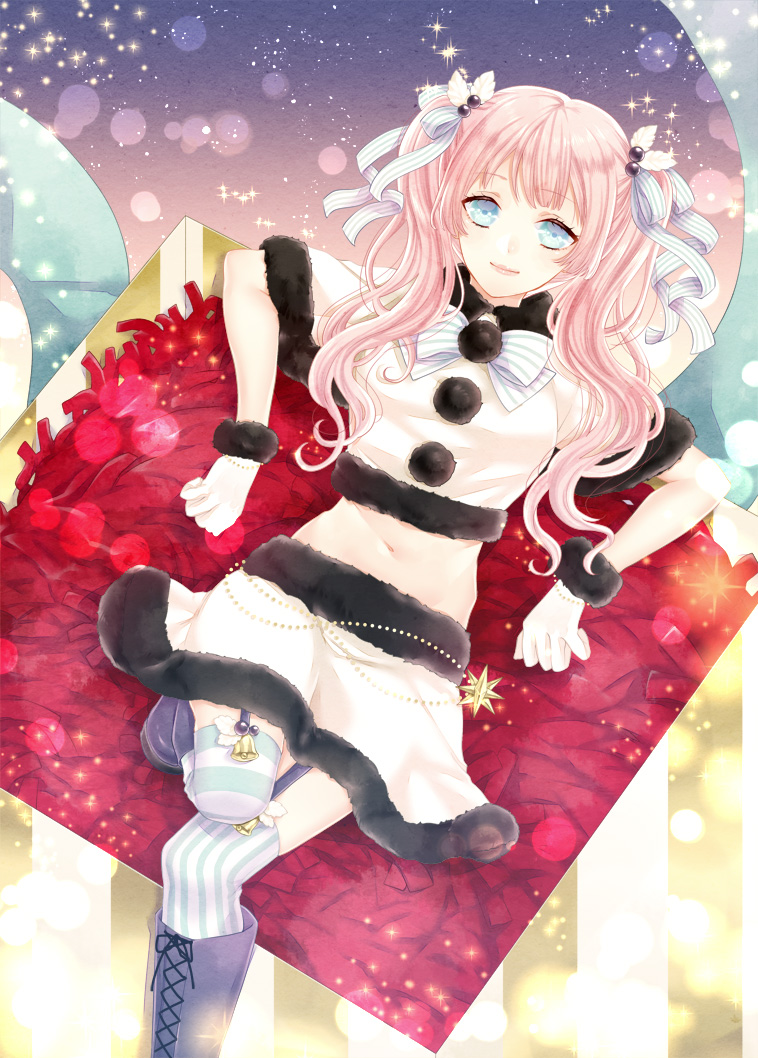 1girl asaki_benio bell blue_eyes boots bow christmas crop_top fur_trim garter_straps gloves hair_bow hair_ornament hair_ribbon holly holly_hair_ornament knee_boots lipstick long_hair looking_at_viewer makeup navel original pink_hair pink_lips ribbon santa_costume smile solo star starry_background striped striped_legwear thigh-highs twintails white_santa_costume