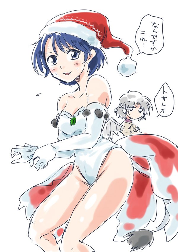 2girls :d alternate_headwear bare_shoulders blue_eyes blue_hair blush breasts commentary_request cosplay cow_tail doremy_sweet elbow_gloves gloves hat hips jitome kasumi_(pokemon) kasumi_(pokemon)_(cosplay) kishin_sagume leotard looking_at_viewer medium_breasts multiple_girls nervous_smile nightcap open_mouth pokemon pokemon_(anime) santa_hat short_hair silver_hair single_wing sketch smile sweat tail thighs touhou translation_request unya white_gloves wings