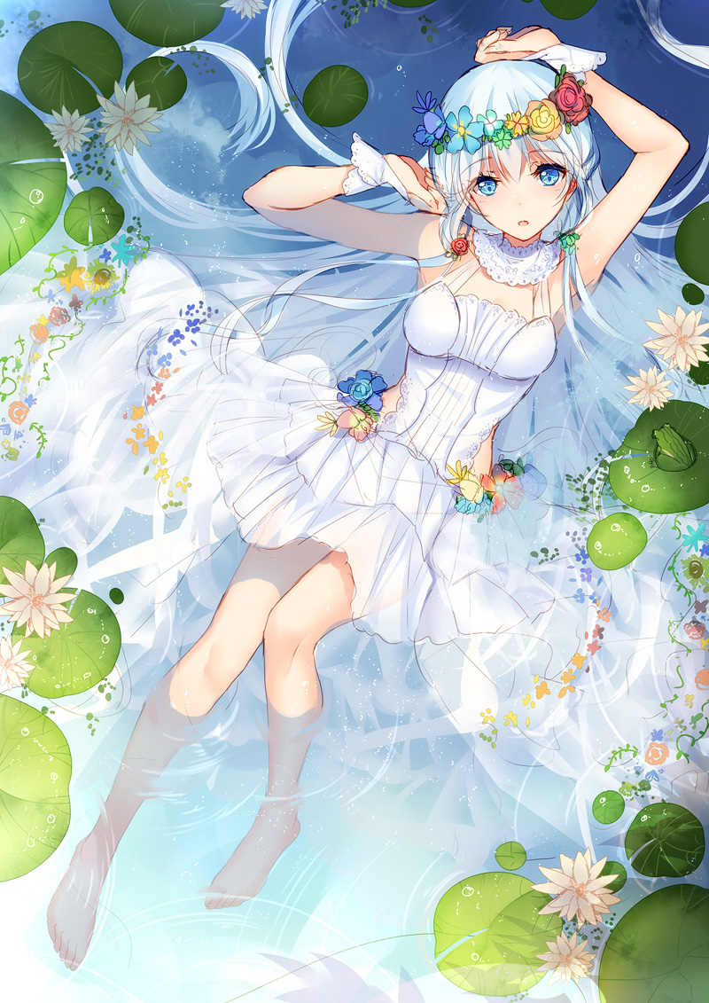 1girl bangs bare_legs bare_shoulders barefoot bison_cangshu blue_eyes blush dress flower from_above head_wreath long_hair looking_at_viewer lying on_back open_mouth partially_submerged silver_hair solo unicorn_(zhan_jian_shao_nyu) water wet white_dress zhan_jian_shao_nyu