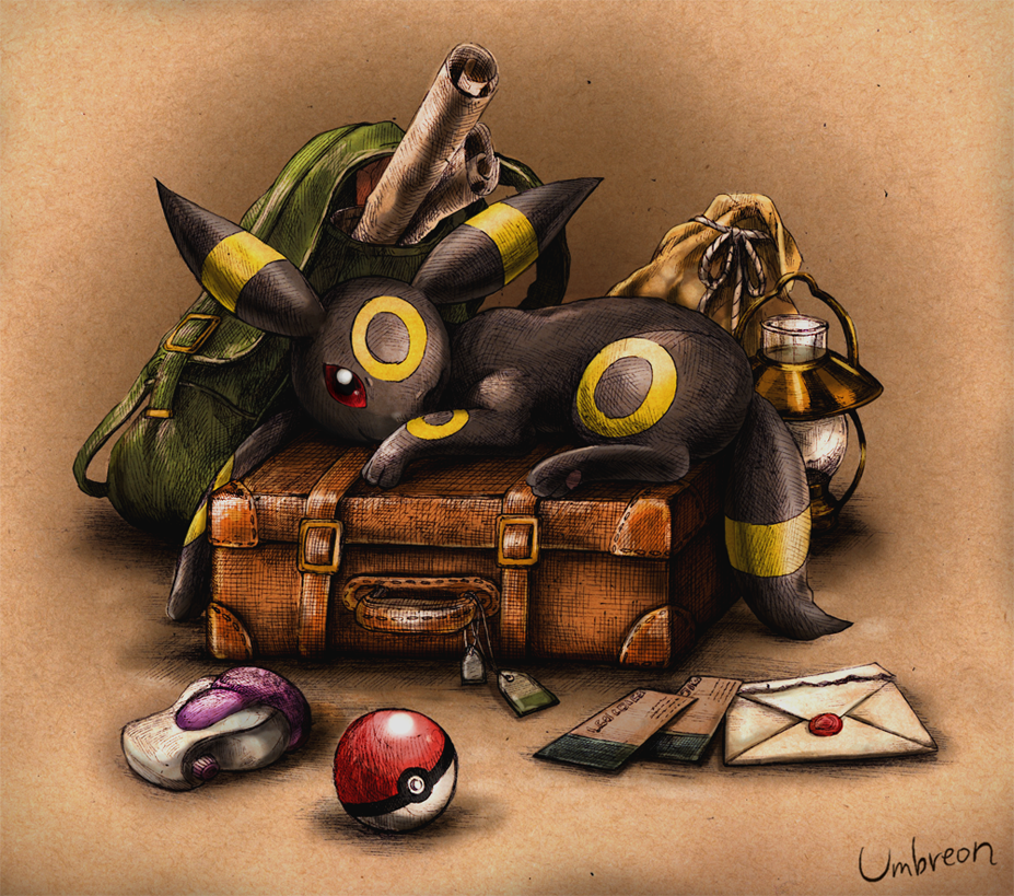 backpack bag black_eyes character_name closed_mouth full_body lantern letter looking_at_viewer lying matsuri_(matsuike) no_humans on_stomach poke_ball pokemon pokemon_(creature) potion red_sclera sack scroll smile suitcase ticket umbreon