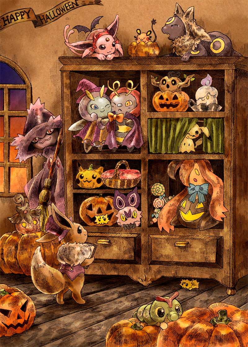 :&lt; ;) antennae basket black_eyes blue_bow bow bowtie broom cabinet candy cape caterpie cheek-to-cheek clipboard closed_mouth curtains dedenne eevee english espeon fangs food gourgeist grin halloween halloween_costume happy_halloween hat holding illumise indoors jack-o'-lantern joltik litwick lollipop looking_at_another lying matsuri_(matsuike) mimikyu mismagius no_humans noibat on_stomach one_eye_closed peeking_out phantump pikachu pokemon pokemon_(creature) pumpkaboo pumpkin red_bow red_bowtie red_sclera smile standing striped striped_bow swirl_lollipop top_hat umbreon volbeat window witch_hat wooden_floor wrapped_candy yawning yellow_sclera