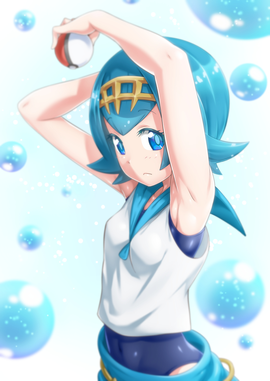 1girl armpits arms_up blue_eyes blue_hair blurry blush breasts bubble closed_mouth covered_navel depth_of_field hairband highres holding looking_at_viewer matching_hair/eyes one-piece_swimsuit pants poke_ball pokemon pokemon_(game) pokemon_sm sailor_collar sazanami_tarou shiny shiny_clothes shiny_hair shiny_skin shirt short_hair skin_tight sleeveless smile solo suiren_(pokemon) swimsuit swimsuit_under_clothes trial_captain upper_body