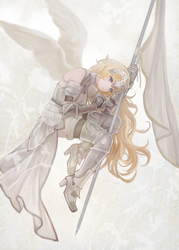 1girl alternate_hairstyle armor blonde_hair blue_eyes breasts chains curled_up fate/grand_order fate_(series) faulds feathered_wings flag gauntlets greaves headpiece holding_flag jeanne_d'arc_(fate/apocrypha) long_hair okakan overskirt solo thigh-highs wings