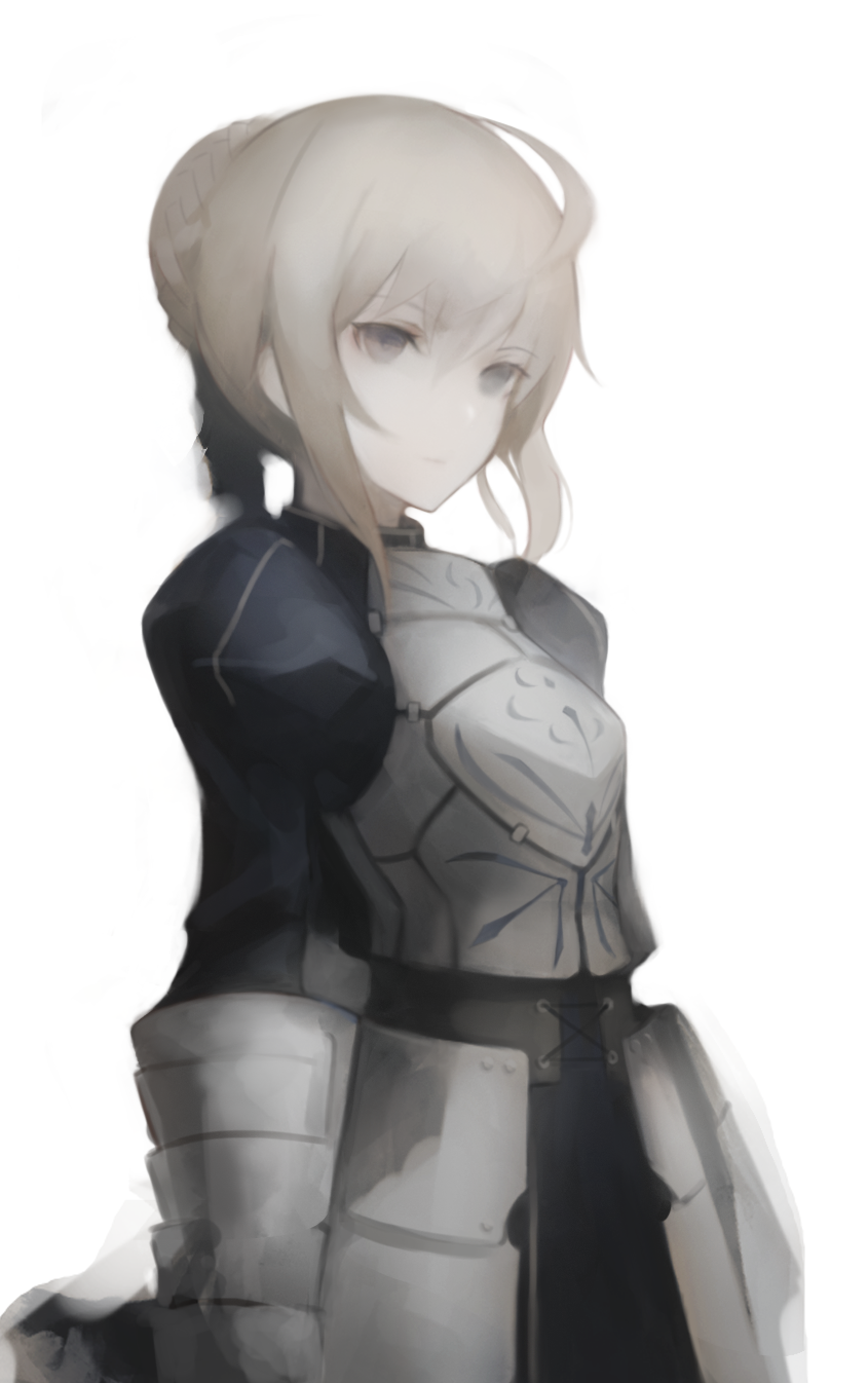1girl ahoge armor blonde_hair braid breastplate expressionless fate/stay_night fate_(series) faulds french_braid gauntlets grey_eyes gyup91 hair_bun highres long_sleeves looking_at_viewer puffy_long_sleeves puffy_sleeves saber simple_background solo upper_body white_background