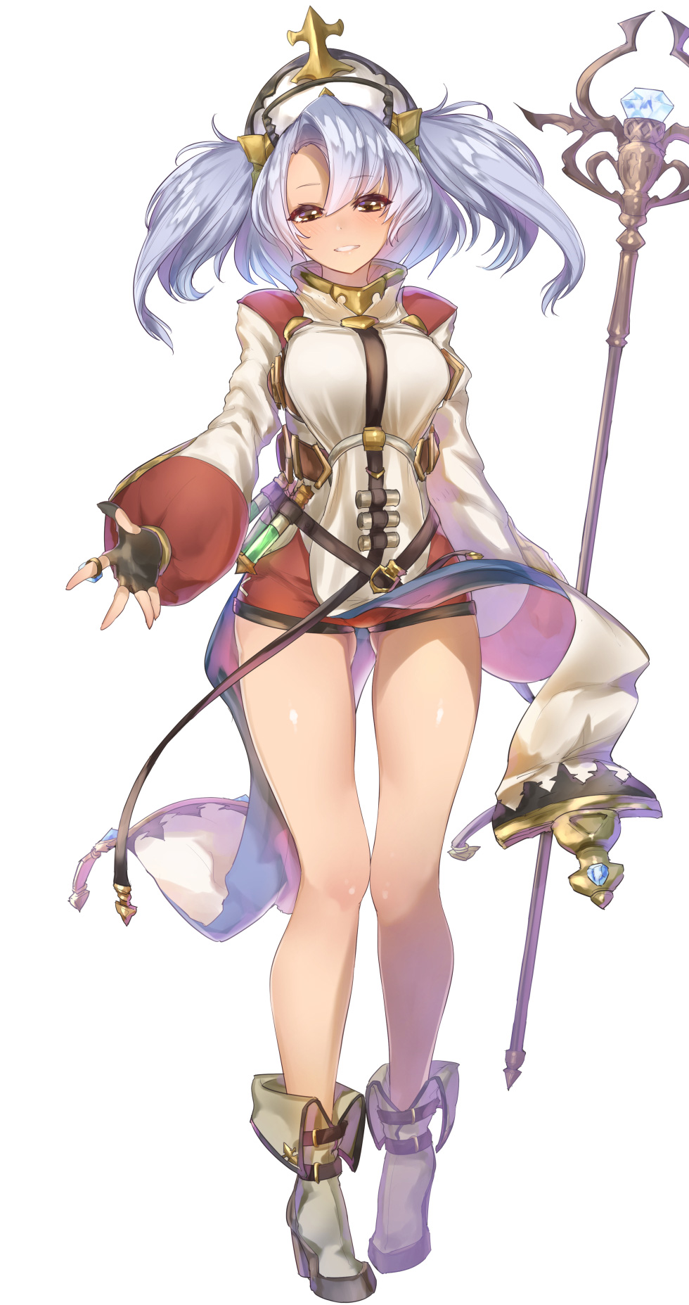 1girl bare_legs blush boots breasts brown_eyes fingerless_gloves full_body gloves gluteal_fold granblue_fantasy grin half-closed_eyes hat high_heels highres holding holding_staff large_breasts legs long_hair long_sleeves looking_at_viewer parted_lips shiny shiny_skin silver_hair simple_background smile solo sophia_(granblue_fantasy) staff teeth thighs twintails wand white_background yaman_(yamanta_lov)