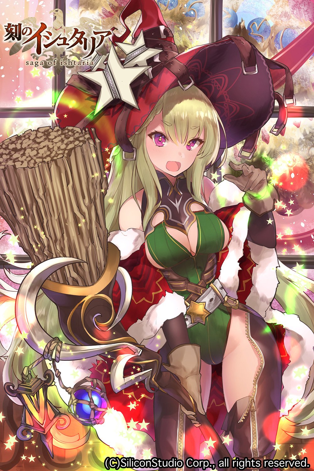 1girl :d age_of_ishtaria bangs befana_(ishtaria) belt beltskirt blonde_hair breasts broom brown_gloves cleavage copyright_name dress eyebrows_visible_through_hair fur_trim gloves hat highres hips holding holding_broom holding_staff lantern large_breasts leotard long_hair looking_at_viewer official_art open_mouth red_dress ribbed_leotard smile solo staff standing star star-shaped_pupils symbol-shaped_pupils thick_eyebrows thighs unzipped very_long_hair violet_eyes watermark window witch witch_hat yaman_(yamanta_lov) zipper