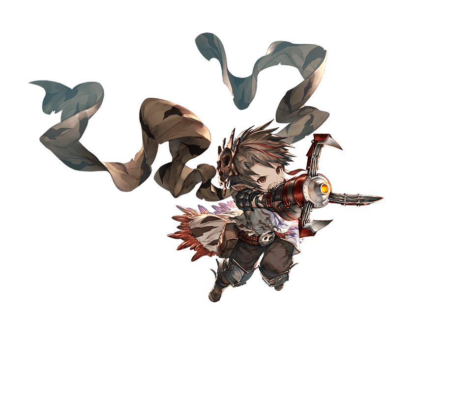 1girl balurga belt boots brown_hair granblue_fantasy harbin mask mask_on_head mechanical_arm minaba_hideo multicolored_hair official_art pointy_ears red_eyes redhead scar scarf short_hair solo transparent_background two-tone_hair