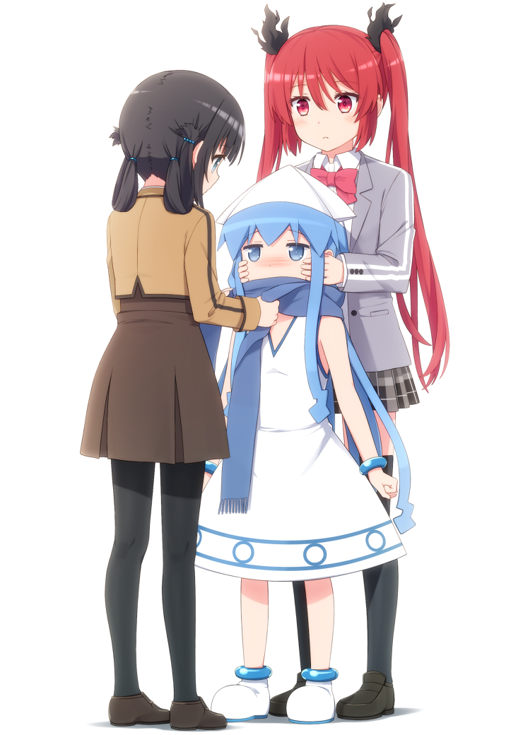 3girls bangs black_hair black_legwear blazer blue_eyes blue_hair blush bracelet commentary_request crossover cthugha_(nyaruko-san) dress folded_hair girl_sandwich hair_rings haiyore!_nyaruko-san hands_on_another's_cheeks hands_on_another's_face haribote_(tarao) hat ikamusume jacket jewelry loafers long_hair multiple_crossover multiple_girls nagi_no_asukara pantyhose plaid plaid_skirt pleated_skirt prehensile_hair red_eyes redhead sandwiched scarf school_uniform shinryaku!_ikamusume shiodome_miuna shoes simple_background skirt sleeveless sleeveless_dress squid_hat standing tentacle tentacle_hair thigh-highs twintails very_long_hair white_background white_dress white_hat white_shoes