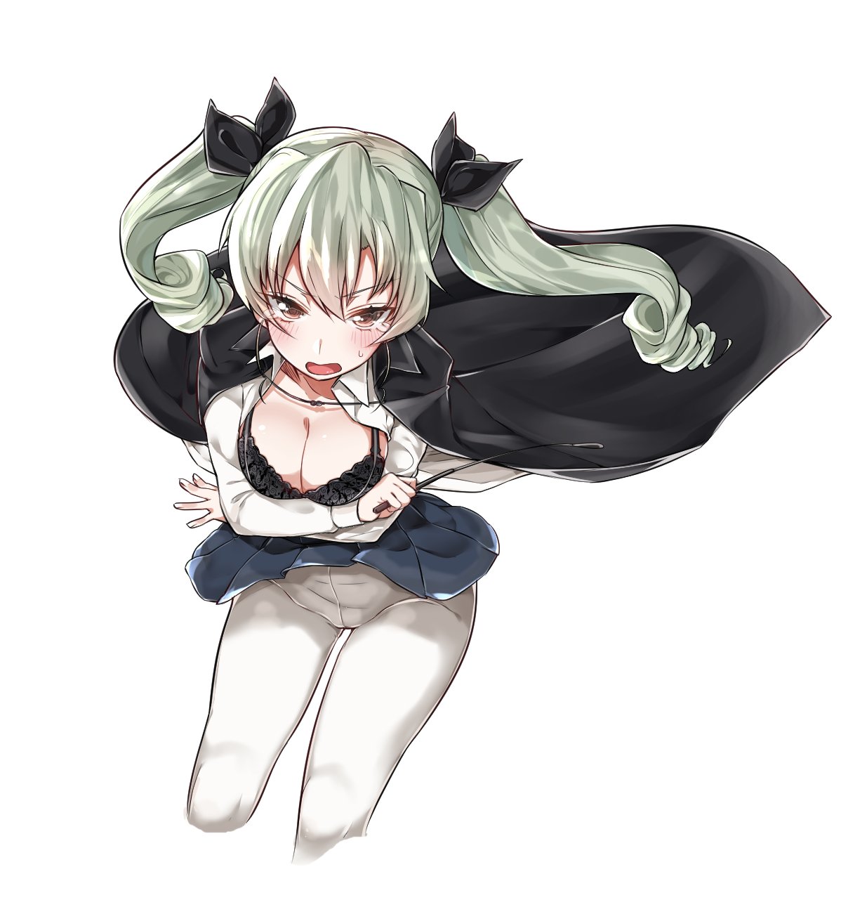 1girl anchovy bangs black_bra black_ribbon blue_skirt blush bra breasts brown_eyes cape cleavage collared_shirt crotch_seam drill_hair girls_und_panzer green_hair hair_between_eyes hair_ribbon highres large_breasts mitsudoue open_mouth pantyhose pleated_skirt ribbon shirt simple_background skirt solo sweatdrop tears thighs twintails unbuttoned unbuttoned_shirt underwear white_background white_legwear wind wind_lift