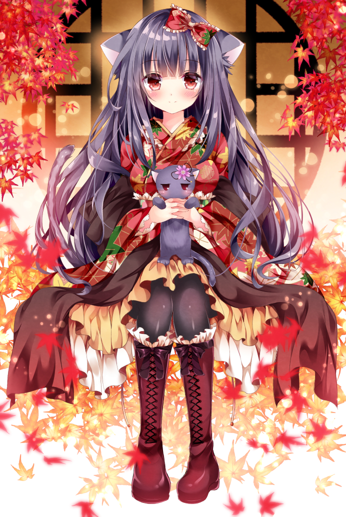 1girl animal_ears autumn_leaves bangs black_hair black_legwear blush boots bow cat cat_ears cat_girl cat_tail cross-laced_footwear eyebrows_visible_through_hair frilled_bow frills hair_bow holding_cat japanese_clothes jitome kimono lace-up_boots leaf legs_together long_hair looking_at_viewer maple_leaf nogi_takayoshi original own_hands_together pantyhose red_bow red_eyes red_kimono shawl sitting smile solo tail