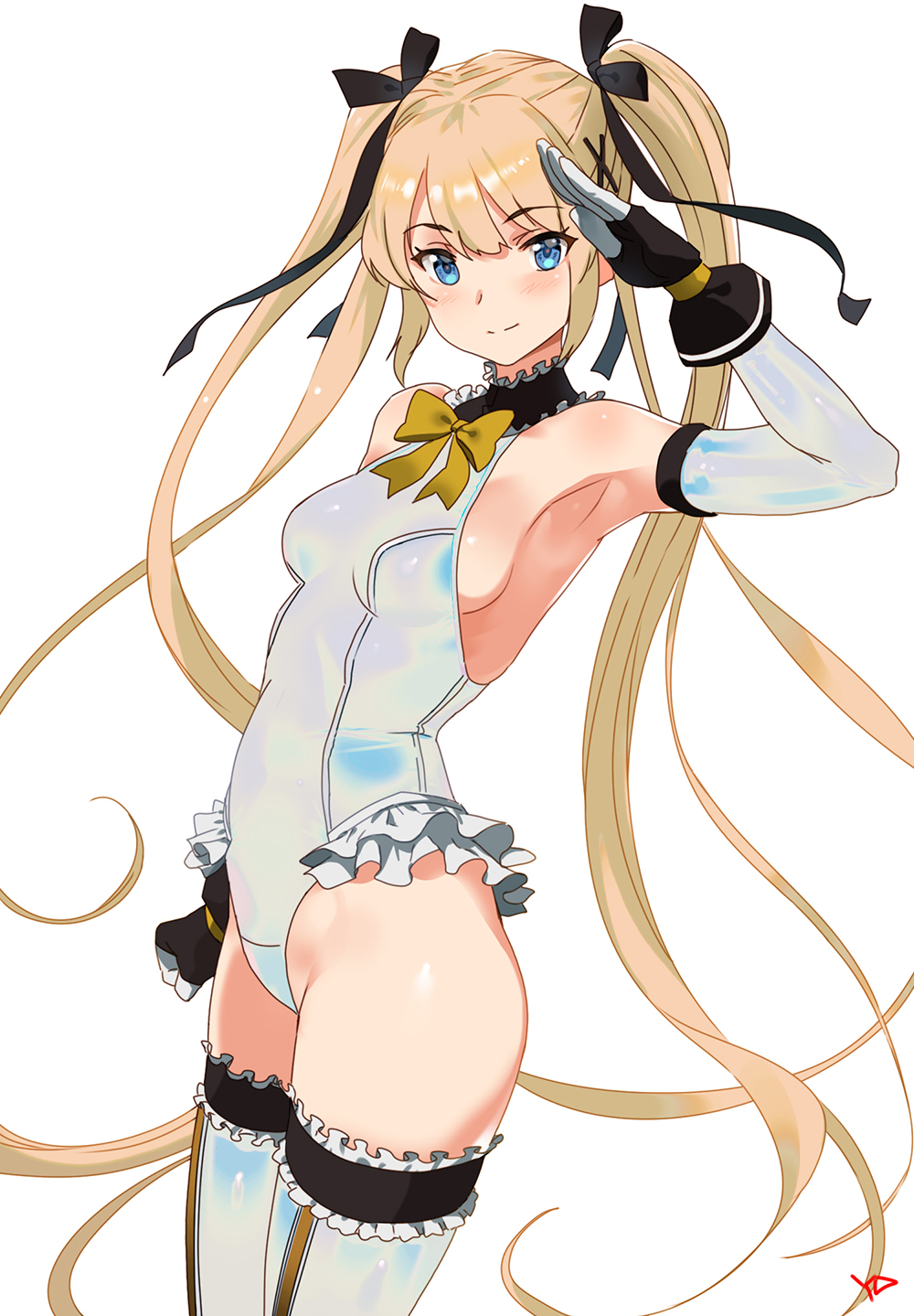 1girl alternate_costume armpits artist_name bangs bare_shoulders black_gloves black_ribbon blonde_hair blue_eyes blunt_bangs blush bow bowtie breasts choker clenched_hand closed_mouth covered_navel cowboy_shot dead_or_alive dead_or_alive_5 detached_sleeves eyebrows_visible_through_hair fingerless_gloves frilled_choker frilled_leotard frills garters gloves groin hair_ribbon halterneck hand_to_head hand_up highres legs_together leotard long_hair looking_at_viewer marie_rose red_bow red_bowtie ribbon salute sideboob sidelocks simple_background single_vertical_stripe skin_tight skindentation small_breasts smile solo standing thigh-highs turtleneck twintails very_long_hair white_background white_legwear white_leotard yang-do