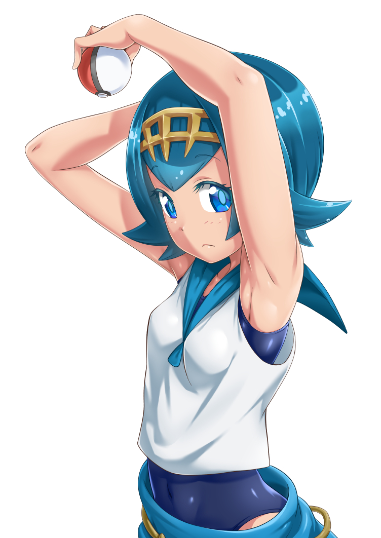 1girl armpits arms_up blue_eyes blue_hair blush breasts closed_mouth covered_navel hairband holding looking_at_viewer matching_hair/eyes one-piece_swimsuit pants poke_ball pokemon pokemon_(game) pokemon_sm sailor_collar sazanami_tarou shiny shiny_clothes shiny_hair shiny_skin shirt short_hair simple_background skin_tight sleeveless smile solo suiren_(pokemon) swimsuit swimsuit_under_clothes trial_captain upper_body white_background