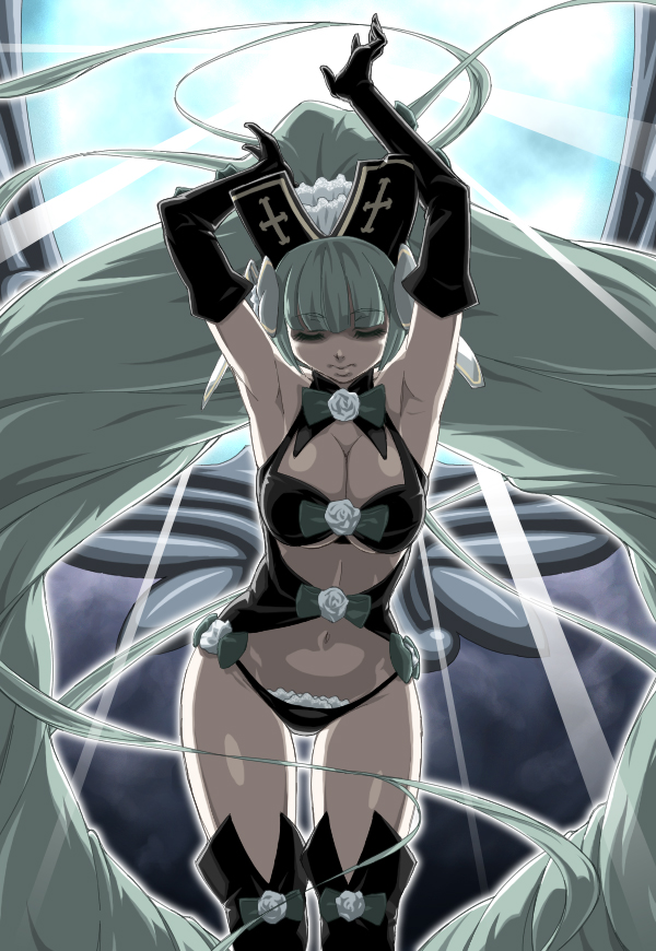 1girl armpits arms_up backlighting black_gloves black_legwear black_panties boots breasts cleavage closed_eyes closed_mouth elbow_gloves etia_visconti eyebrows_visible_through_hair frilled_panties frills gen'ei_wo_kakeru_taiyo gloves groin large_breasts light_beam long_hair navel panties solo standing thigh-highs thigh_boots underwear very_long_hair you2