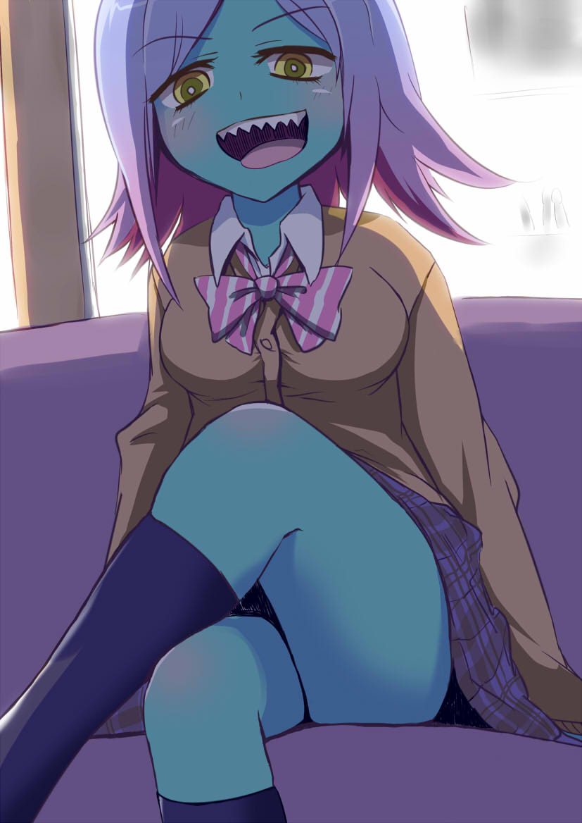 1girl :d alien ashino_moto backlighting bangs black_legwear blush bow bowtie breasts buttons cardigan couch eyebrows_visible_through_hair green_skin legs_crossed long_sleeves looking_at_viewer looking_down medium_breasts midori_(uchuu_patrol_luluco) open_mouth parted_bangs pink_bow plaid plaid_skirt purple_hair school_uniform sharp_teeth sitting skirt smile socks solo striped striped_bow sunlight teeth thigh-highs thighs tongue tongue_out uchuu_patrol_luluco yellow_eyes