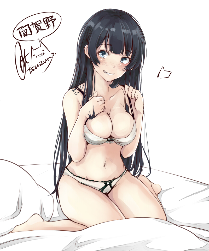 1girl agano_(kantai_collection) bangs bed_sheet black_hair blanket blue_eyes blunt_bangs blush bow bow_panties bra breasts character_name cleavage commentary eyebrows_visible_through_hair grin kantai_collection large_breasts long_hair looking_at_viewer on_bed panties pillow rizzl signature simple_background sitting smile solo speech_bubble twitter_username underwear underwear_only wariza weight_conscious white_background white_bra white_panties