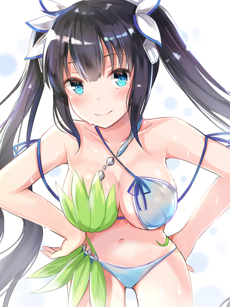 1girl asymmetrical_bikini asymmetrical_clothes bangs bikini black_hair blue_eyes blush breasts circle cleavage collarbone cowboy_shot criss-cross_halter dungeon_ni_deai_wo_motomeru_no_wa_machigatteiru_darou_ka eyebrows_visible_through_hair hair_ribbon halter_top halterneck hestia_(danmachi) large_breasts leaf_bikini leaning_forward long_hair looking_at_viewer navel ribbon smile solo string_bikini sweat swimsuit tailam twintails very_long_hair white_background white_bikini white_ribbon