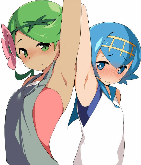 2girls arm_up armpits blue_eyes blue_hair blush dark_skin flower green_eyes green_hair hair_flower hair_ornament hairband mallow_(pokemon) multiple_girls overalls pokemon pokemon_(game) pokemon_sm short_hair simple_background sleeveless suiren_(pokemon) tera_zip white_background