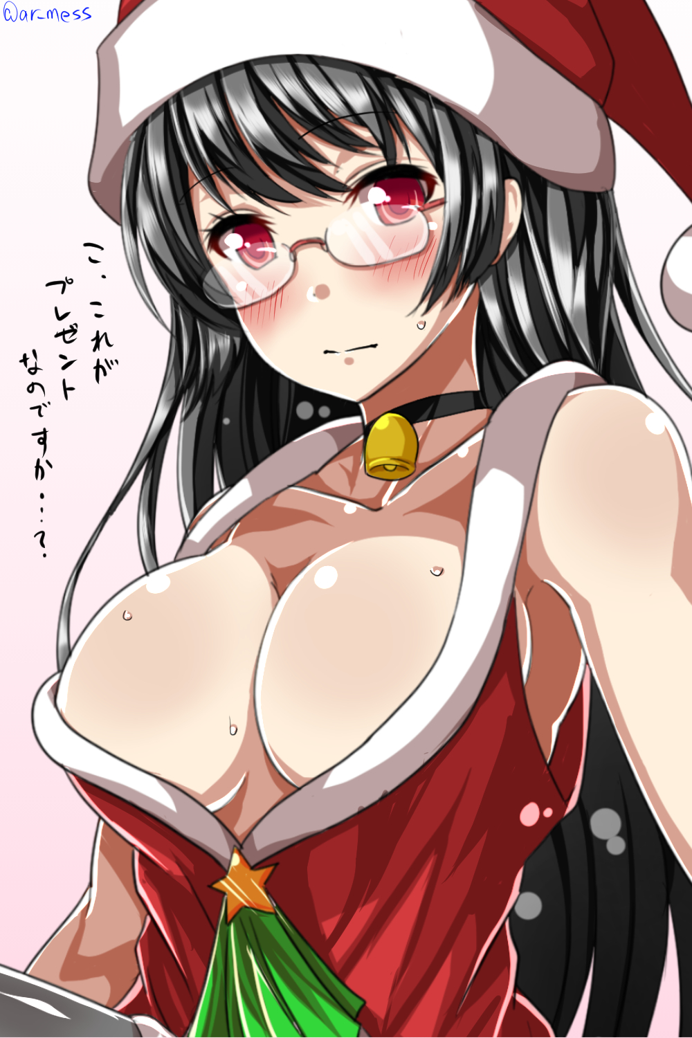 1girl alternate_costume ar_(lover_boy) armpits bangs bare_arms bare_shoulders bell bell_choker black_hair blush breasts choker choukai_(kantai_collection) cleavage closed_mouth collarbone glasses hat highres kantai_collection long_hair looking_at_viewer medium_breasts red_eyes rimless_glasses santa_hat sideboob sleeveless solo star sweat translation_request upper_body