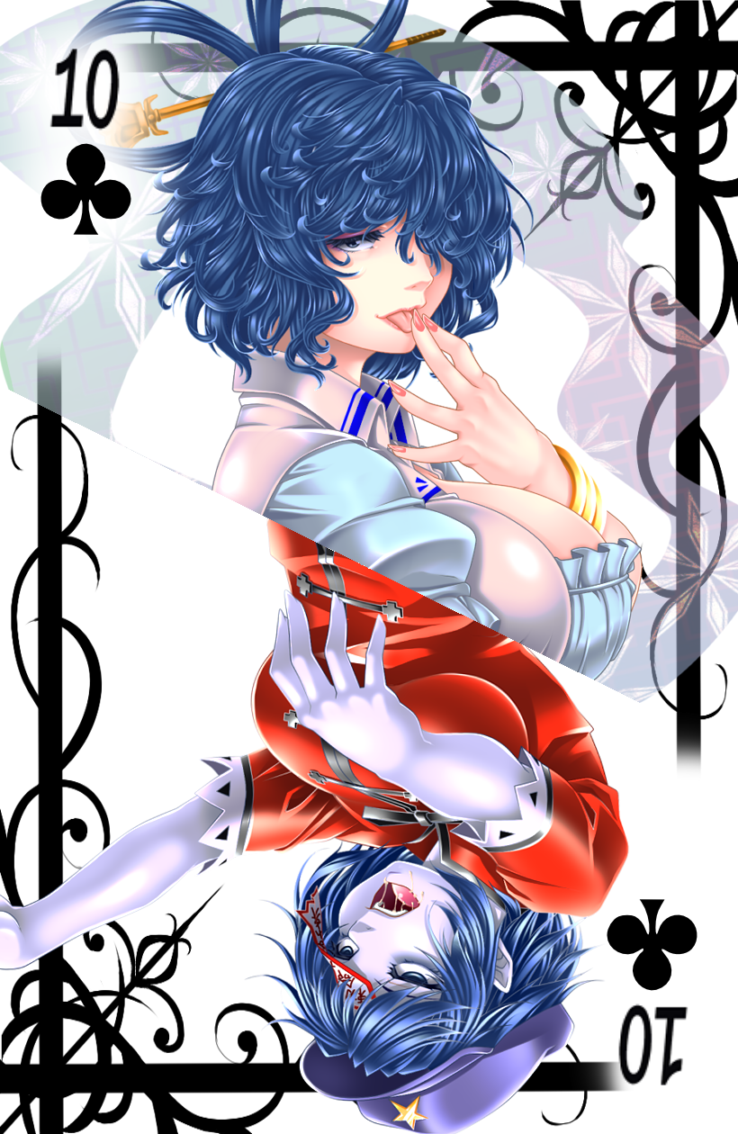 bangs beret blue_eyes blue_hair bracelet breasts card finger_licking from_side hagoromo hair_ornament hair_over_one_eye hair_rings hair_stick hat highres jewelry jiangshi kaku_seiga large_breasts licking looking_at_viewer looking_to_the_side miyako_yoshika ofuda open_mouth outstretched_arms pale_skin playing_card saliva shawl star touhou upside-down yoiti zombie_pose