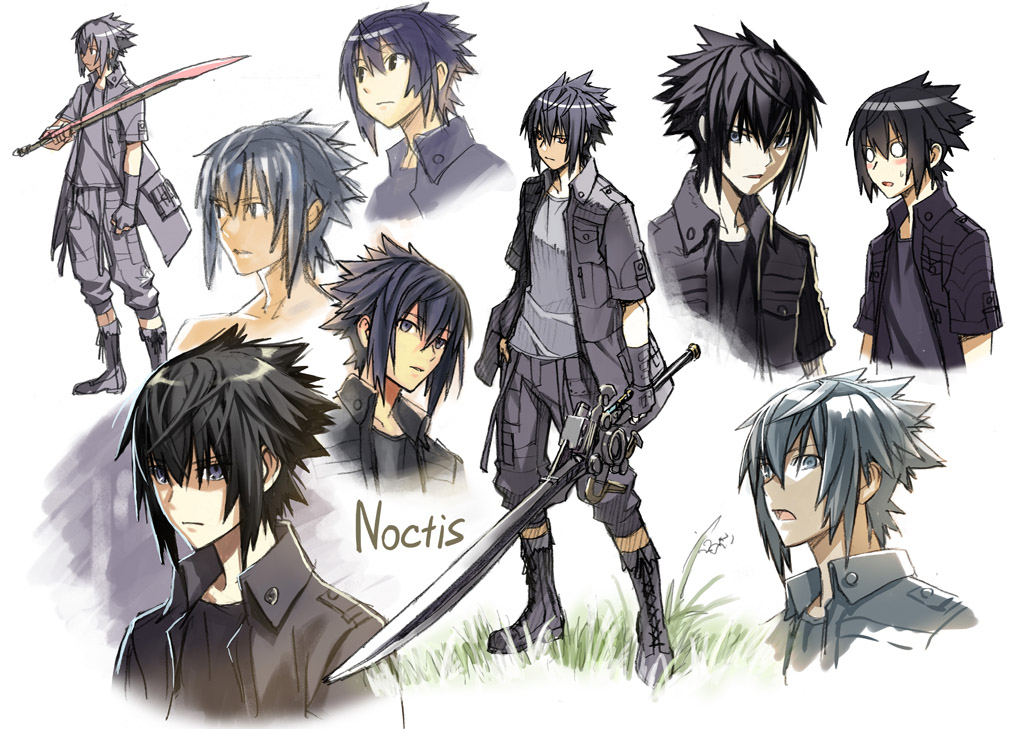 1boy black_hair black_jacket blush_stickers boots character_name decoponmagi final_fantasy final_fantasy_xv fingerless_gloves gloves jacket male_focus multiple_views noctis_lucis_caelum single_glove spiky_hair sweatdrop sword weapon