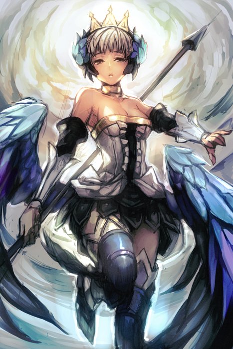 1girl armor bare_shoulders boots breasts cleavage crown detached_sleeves gwendolyn hankuri odin_sphere polearm skirt spear thigh-highs weapon white_hair wings