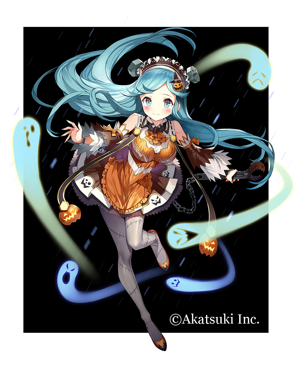 1girl black_background blue_eyes blue_hair blush chains detached_sleeves dress full_body ghost highres jack-o'-lantern long_hair looking_at_viewer matching_hair/eyes matsui_hiroaki official_art pantyhose screw smile solo stitches thousand_memories wrench