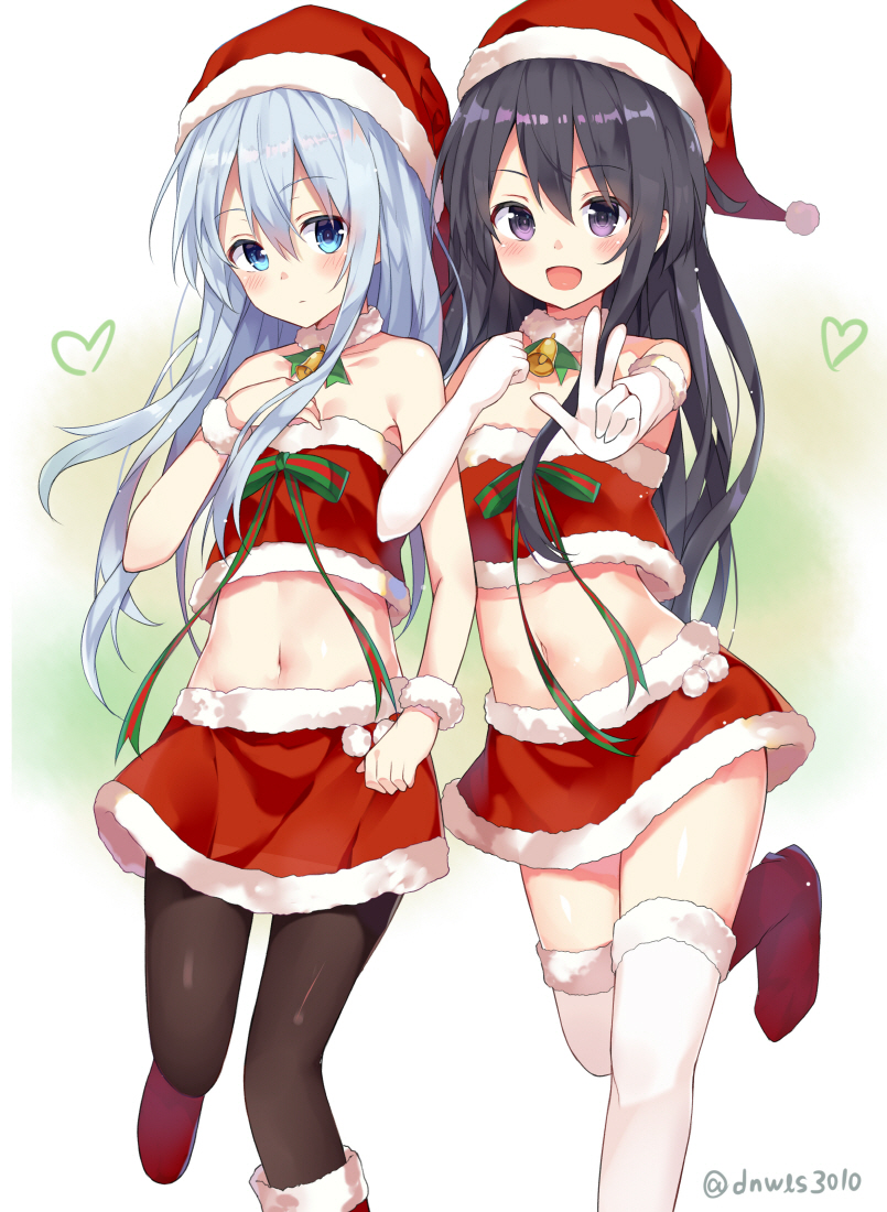 2girls :d akatsuki_(kantai_collection) alternate_costume bangs bare_shoulders bell bell_choker black_hair black_legwear blue_eyes blue_hair boots breasts choker christmas closed_mouth collarbone elbow_gloves eyebrows_visible_through_hair fur-trimmed_boots fur-trimmed_legwear fur_trim gloves green_ribbon hand_on_own_chest hat heart hibiki_(kantai_collection) huwali_(dnwls3010) kantai_collection lineup locked_arms long_hair looking_at_viewer midriff multiple_girls navel one_leg_raised open_mouth pantyhose red_skirt ribbon santa_costume santa_hat shiny shiny_hair shoes skirt small_breasts smile standing standing_on_one_leg stomach strapless thigh-highs tubetop twitter_username v violet_eyes white_gloves white_legwear wristband zettai_ryouiki