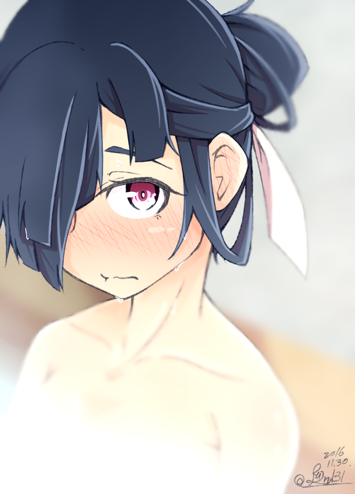 1girl bathing black_hair blush dated dripping hair_over_one_eye hair_ribbon hair_up hayashimo_(kantai_collection) kantai_collection looking_at_viewer partially_submerged red_eyes ribbon ru2n131 signature solo wavy_mouth wet