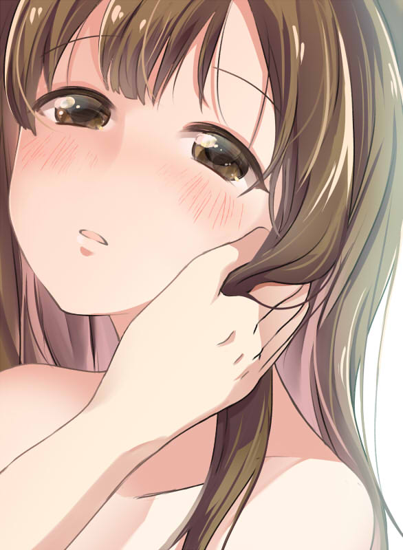 1girl blush brown_eyes brown_hair hand_on_another's_face idolmaster idolmaster_cinderella_girls long_hair looking_at_viewer mizumoto_yukari solo solo_focus tekin