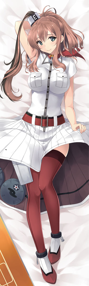 1girl anchor arm_behind_head belt_buckle blouse blue_eyes breast_pocket breasts brown_hair buckle dakimakura dress dress_pull drum_magazine flight_deck full_body funnel hair_between_eyes highres holster kantai_collection kochipu large_breasts long_hair looking_at_viewer ponytail red_belt red_legwear red_neckerchief rudder_shoes saratoga_(kantai_collection) short_sleeves side_ponytail smile solo thigh-highs thigh_holster white_blouse white_dress
