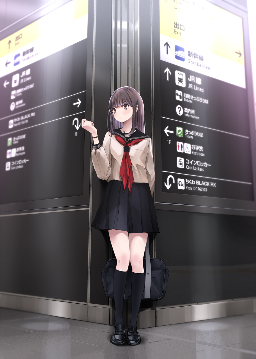 1girl angry artist_name bag black_eyes blurry chikuwa_(glossymmmk) commentary hand_up holding indoors kneehighs light loafers long_hair original purple_hair school_bag school_uniform serafuku shoes sign train_station watch watch