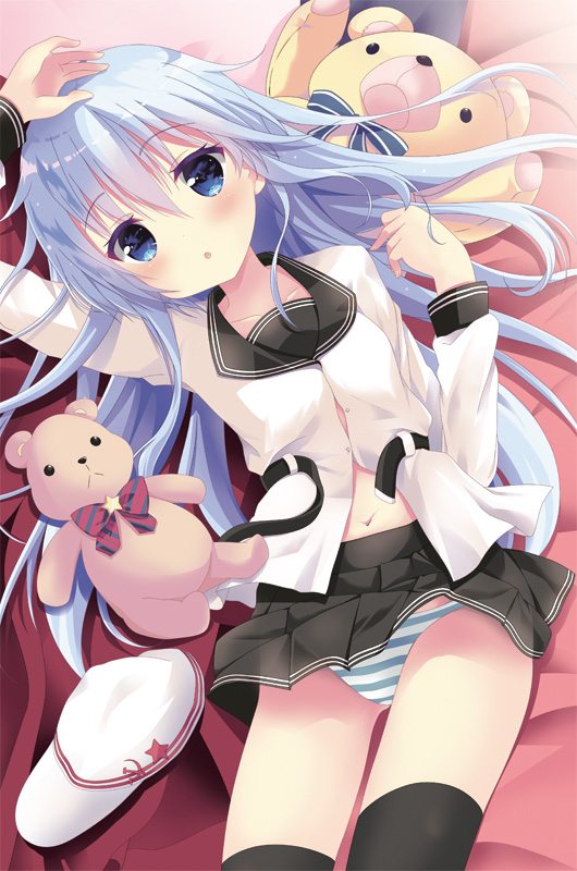 1girl black_legwear blue_eyes blue_hair blush commentary_request flat_cap hat hat_removed headwear_removed hibiki_(kantai_collection) kantai_collection long_hair long_sleeves lying matching_hair/eyes navel on_back on_bed panties parted_lips pleated_skirt school_uniform serafuku skirt solo striped striped_panties stuffed_animal stuffed_toy teddy_bear thigh-highs tsukiji underwear verniy_(kantai_collection)