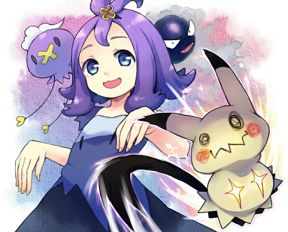 +_+ 1girl :3 :d acerola_(pokemon) blue_eyes costume drifloon elite_four flat_chest flipped_hair gastly gucchiann hair_ornament half_updo mimikyu open_mouth pikachu_costume pokemon pokemon_(game) pokemon_sm purple_hair short_hair smile stitches torn_clothes torn_sleeves trial_captain