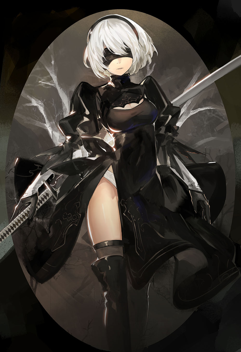 1girl black_dress black_gloves black_legwear blindfold breasts center_opening cleavage dress facing_viewer gloves hairband highres holding holding_sword holding_weapon katana long_sleeves medium_breasts mole mole_under_mouth nier_(series) nier_automata panties parted_lips puffy_long_sleeves puffy_sleeves revision saberiii short_hair side_slit silver_hair solo standing sword teeth thigh-highs thighs underwear weapon white_panties yorha_unit_no._2_type_b