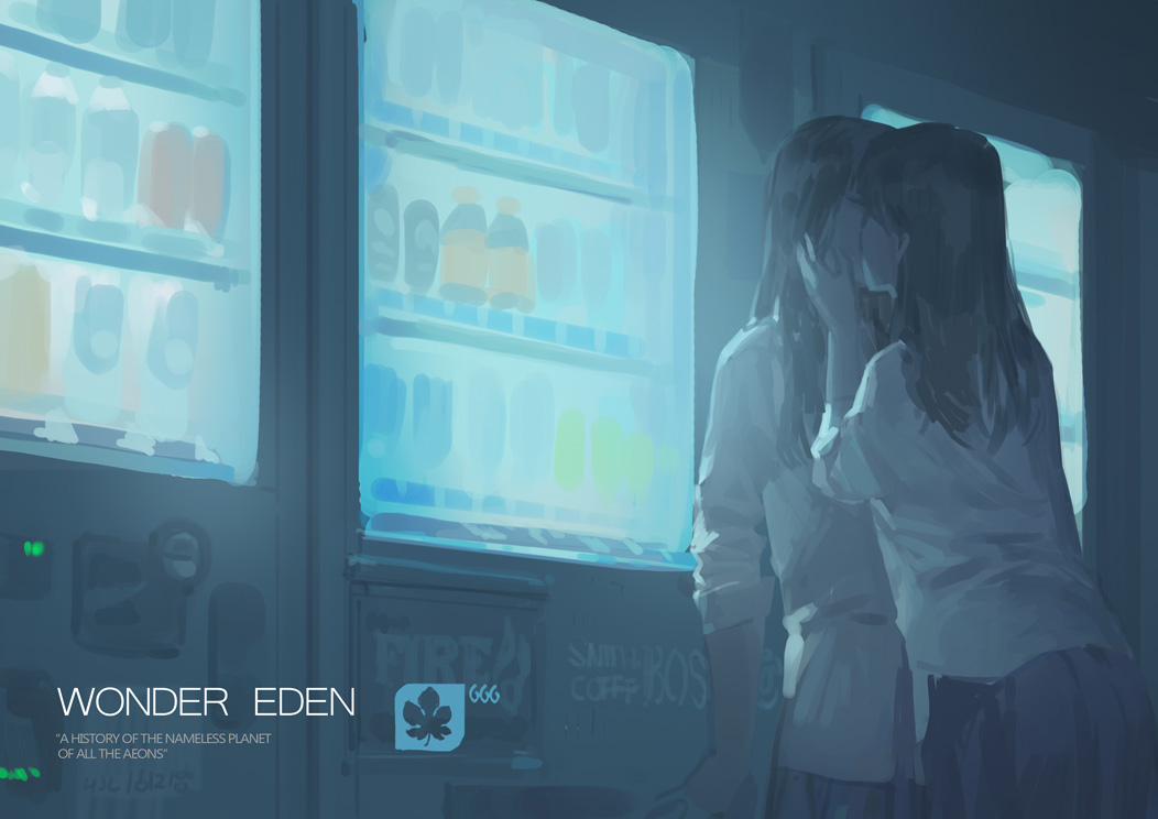 1girl 2girls blue blue_skirt closed_eyes english face-to-face glowing hands_on_another's_cheeks hands_on_another's_face hjl kiss long_hair long_sleeves multiple_girls original shirt sketch skirt sleeves_rolled_up text vending_machine white_shirt yuri