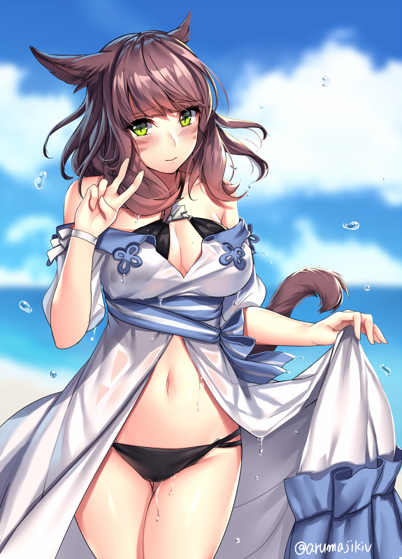 1girl animal_ears aruma_jiki avatar_(ff14) bangs bare_shoulders bikini black_bikini blush breasts brown_hair cat_ears cat_tail cleavage closed_mouth clouds cloudy_sky commentary_request day dress facial_mark final_fantasy final_fantasy_xiv green_eyes legs_crossed long_hair looking_at_viewer medium_breasts miqo'te navel open_clothes open_dress outdoors skirt_hold sky smile solo standing stomach strapless strapless_dress swimsuit tail twitter_username v water_drop wet wet_clothes