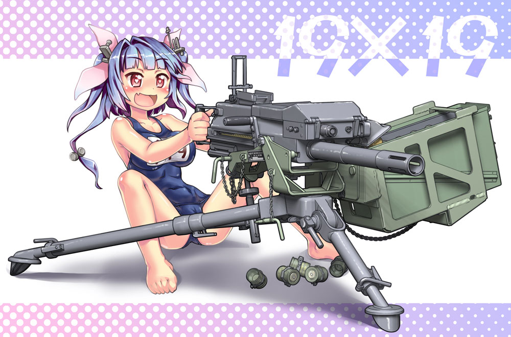 1girl :d aiming barefoot blue_hair fang grenade_launcher hair_ornament hair_ribbon hase_yu heart heart-shaped_pupils i-19_(kantai_collection) kantai_collection mk19_grenade_launcher name_tag open_mouth red_eyes ribbon school_swimsuit shell_casing sitting smile solo swimsuit symbol-shaped_pupils tri_tails weapon