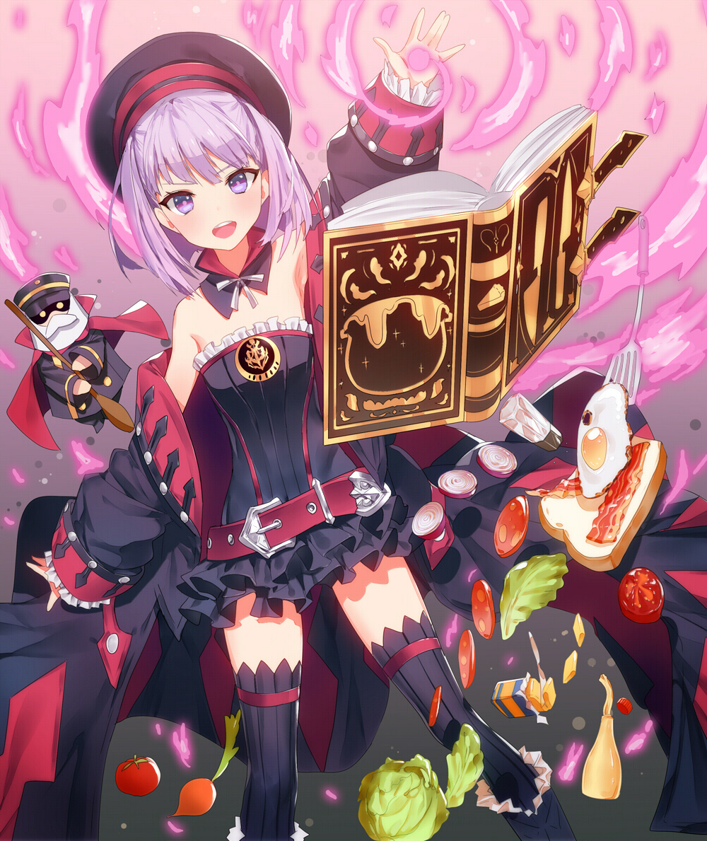 1girl bacon bare_shoulders belt book bread butter detached_sleeves egg fate/grand_order fate_(series) flat_chest food helena_blavatsky_(fate/grand_order) lettuce looking_at_viewer mustard onion open_mouth purple_hair ronopu short_hair smile solo thigh-highs tomato violet_eyes