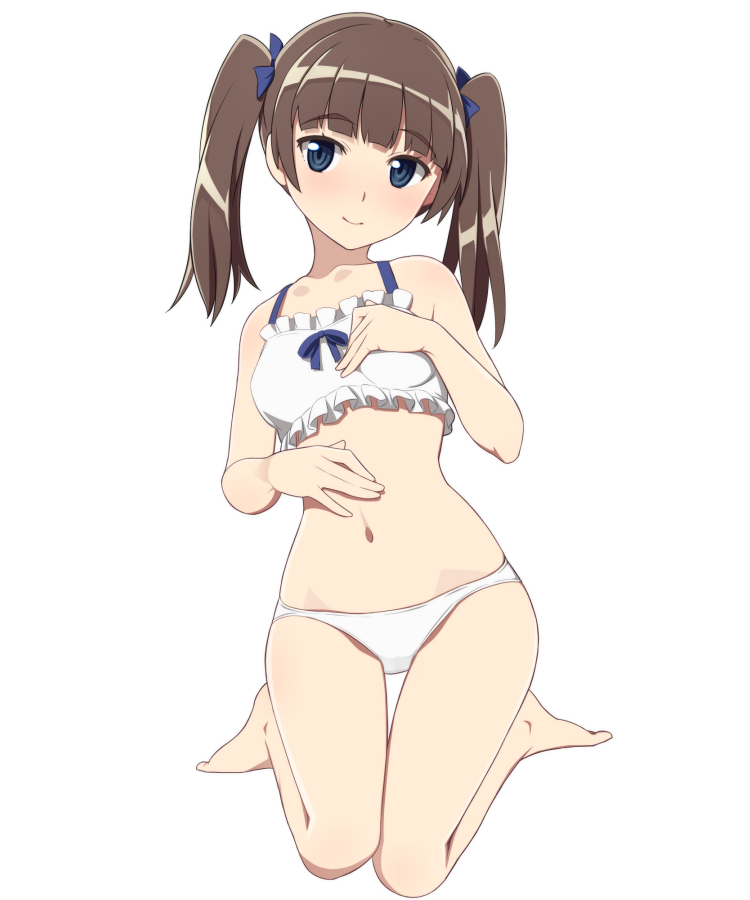1girl bangs bare_legs bare_shoulders barefoot blue_eyes blunt_bangs blush bra brave_witches brown_hair frills georgette_lemare hair_ribbon kneeling long_hair looking_at_viewer nanashino navel panties ribbon simple_background smile solo twintails underwear underwear_only white_background white_bra white_panties world_witches_series