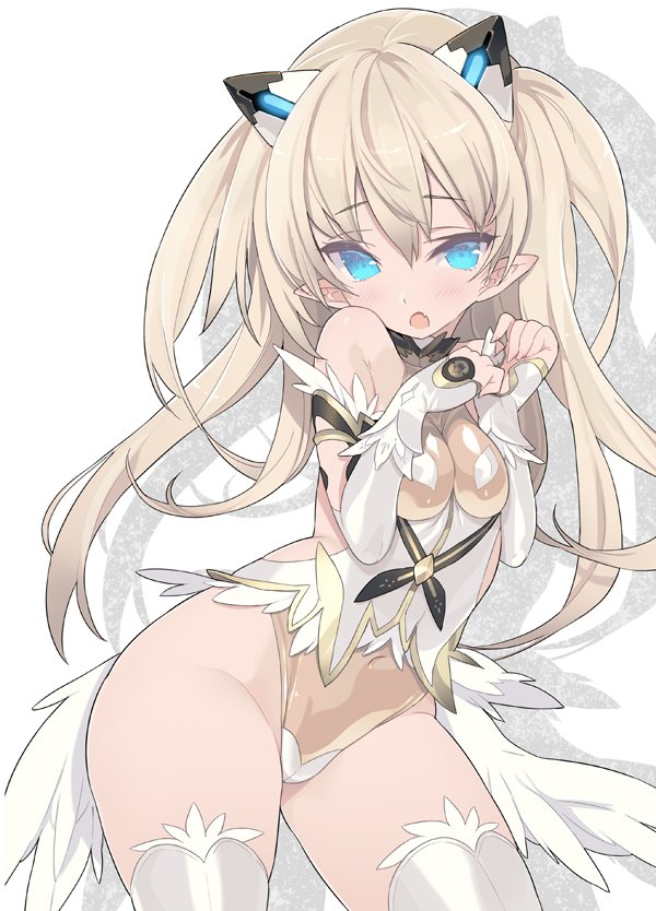 1girl :o bare_shoulders blade_(galaxist) blonde_hair blue_eyes blush breasts covered_navel cowboy_shot dress eyebrows_visible_through_hair fang feathered_wings gloves groin hair_between_eyes headgear highleg highleg_dress juliet_sleeves legs_apart long_hair long_sleeves low_wings open-back_dress open_mouth pointy_ears puffy_sleeves skin_tight sleeveless sleeveless_dress small_breasts solo thigh-highs thighs twintails white_dress white_gloves white_legwear wings