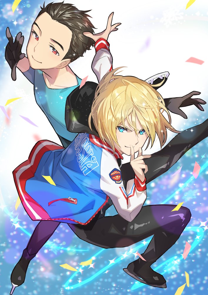 2boys black_gloves black_hair blonde_hair blue_eyes finger_to_mouth gloves hair_slicked_back ice_skates ice_skating index_finger_raised jacket katsuki_yuuri looking_at_viewer male_focus multiple_boys red_eyes saitou_naoki short_hair skates skating smile sparkle sportswear yuri!!!_on_ice yuri_plisetsky