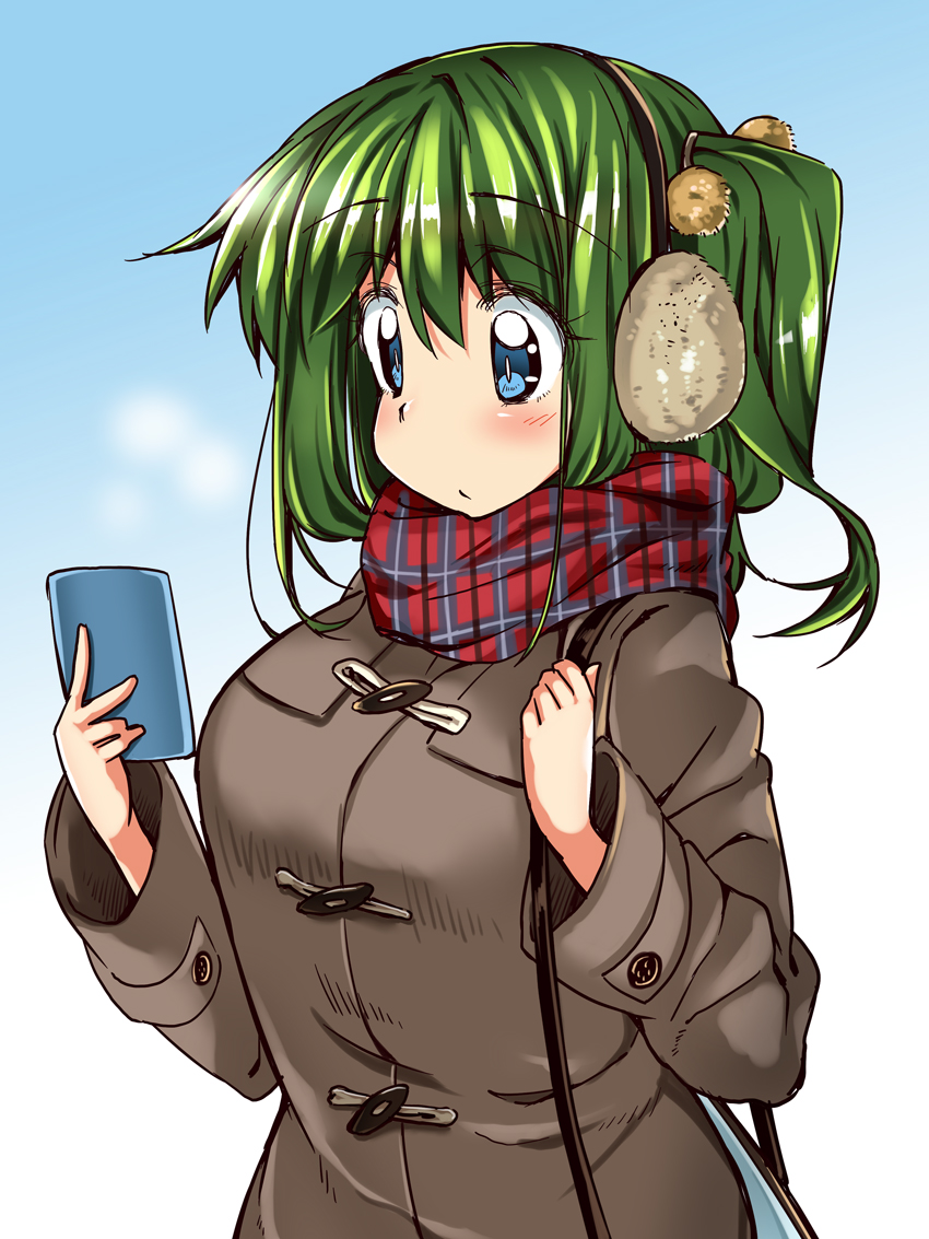 1girl ase_(nigesapo) blue_eyes breasts cellphone coat daiyousei earmuffs fairy_wings green_hair large_breasts long_hair long_sleeves low_wings phone scarf side_ponytail smartphone touhou wings winter_clothes winter_coat