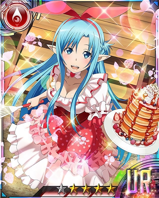 1girl animal_ears asuna_(sao-alo) blue_eyes blue_hair breasts card_(medium) cleavage collarbone dress fake_animal_ears from_above hairband holding long_hair looking_at_viewer matching_hair/eyes medium_breasts open_mouth pointy_ears rabbit_ears red_hairband solo sword_art_online