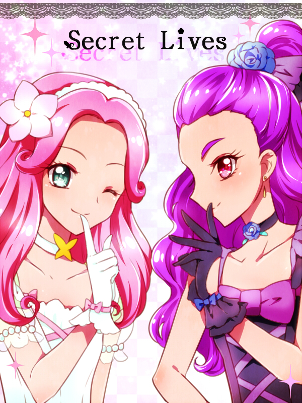 2girls black_dress blush choker collarbone commentary_request dress finger_to_mouth flower frills gloves gothic_lolita green_eyes ha-chan_(mahou_girls_precure!) hair_flower hair_ornament hairband half_updo hanami_kotoha kagami_chihiro lolita_fashion long_hair looking_at_viewer mahou_girls_precure! mimino_kurumi multiple_girls pink_eyes pink_hair precure purple_hair shushing smile sparkle_background sweet_lolita text white_dress yes!_precure_5 yes!_precure_5_gogo!